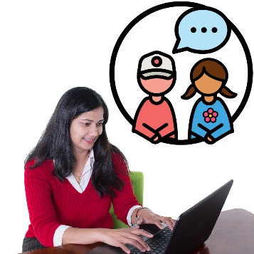 A person using a laptop. Next to them is an icon of 2 children with a speech bubble.