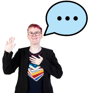 A person pointing to themselves with a speech bubble.