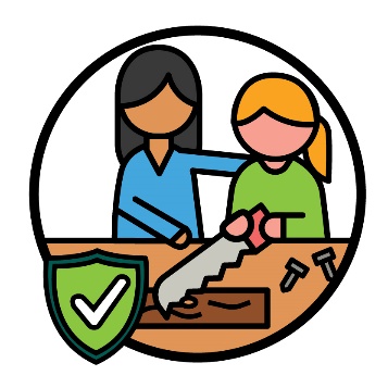 A mentor supporting a person with disability to work. Next to them is a safety icon.