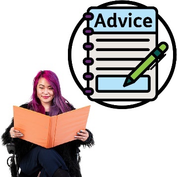 A person reading a document. Above them is an 'Advice' booklet with a pen writing on it.