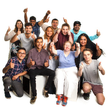 A group of diverse people cheering and giving a thumbs up.