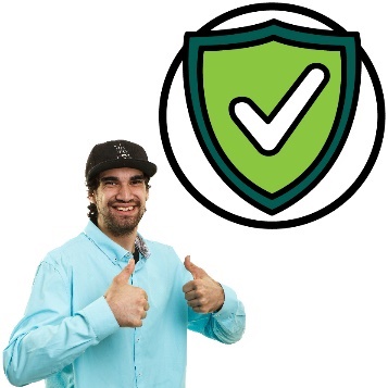 A person with disability giving 2 thumbs up. Above them is a safety icon.