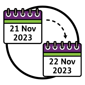 An arrow pointing from a calendar that reads '21 November 2023' to another calendar that reads '22 November 2023'.