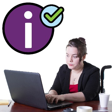 A person using a laptop. Above them is an information icon with a tick.