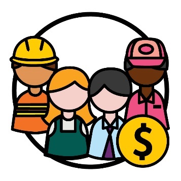 A group of people who all work different jobs. Next to them is a dollar symbol.