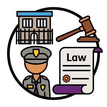 A prison building, a gavel, a police officer, and a 'Law' document.