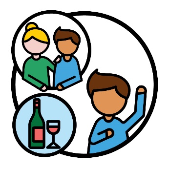 A person with FASD pointing to themself with their other hand raised. Next to them is some alcohol, and above them is an icon of them being supported by someone else.