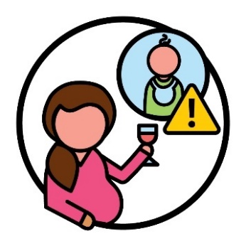 A pregnant person drinking alcohol. Above them is an icon of a baby with a problem icon.