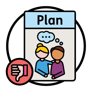 A 'Plan' document with a person being supported on the cover. Next to the document is a thumbs down.