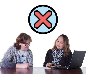 A behaviour support practitioner explaining a document to someone. Above them is a cross.