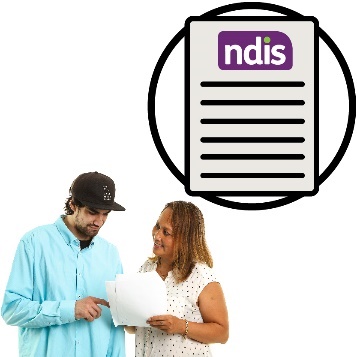 A person with intellectual disability showing someone else something on a document. Above them is a NDIS plan.