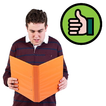 A person with intellectual disability reading a folder. Above them is a thumbs up.