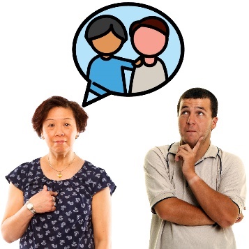 A home and living provider pointing to themself. They have a speech bubble with a person supporting someone else. Next to them is a person with disability thinking.