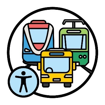 A train, a bus and a tram. Next to them is an accessibility icon.