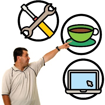 A person making a decision between a wrench and a screwdriver, a mug, or a laptop.