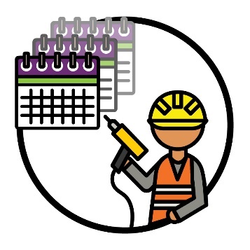 A stack of calendars and a person wearing a hard hat and work vest holding a powered drill.