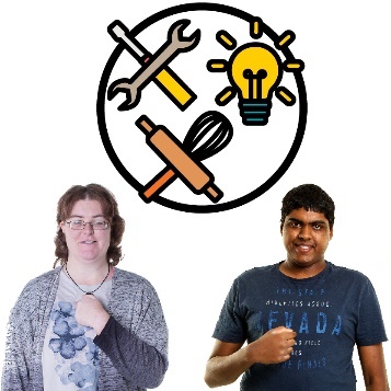 2 people with intellectual disability pointing to themselves. Above them is a skills icon with a wrench and screwdriver, a whisk and rolling pin, and a glowing lightbulb.