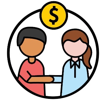 An employer shaking hands with a person with intellectual disability. Above them is a dollar symbol.