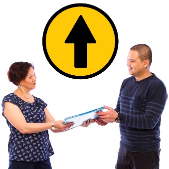 A person passing a folder to someone else and an arrow pointing up.