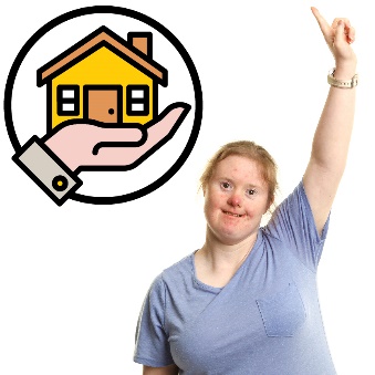 A person raising their hand and a home and living supports icon.