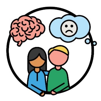 Someone supporting another person. Above them is a brain icon and a thought bubble that shows a sad face inside.