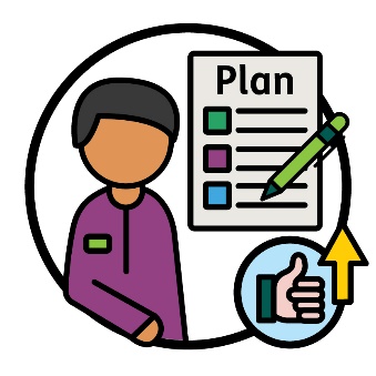 An NDIA worker, a plan document and a thumbs up with an arrow pointing up.