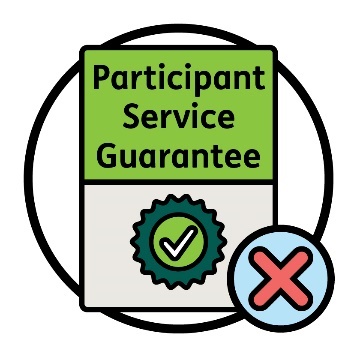A Participant Service Guarantee document showing a good quality icon and a cross.