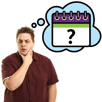 A person thinking beneath a thought bubble. The thought bubble shows a calendar with a question mark.
