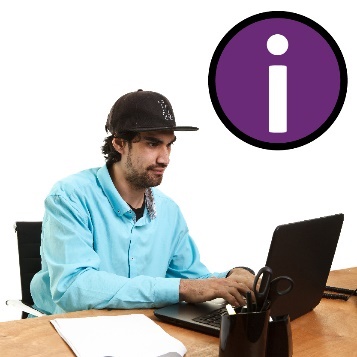 A participant using a laptop and an information icon.