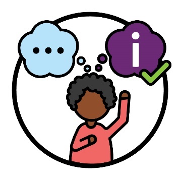 A participant raising their hand beneath a thought bubble and a thought bubble showing an information icon and a tick.