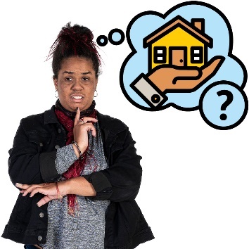 A participant thinking beneath a thought bubble. The thought bubble shows a home and living supports icon and a question mark.