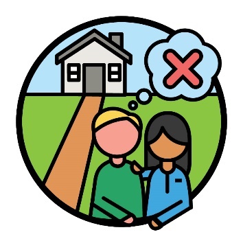 A worker supporting a participant in front of a house. Above the participant is a cross inside of a thought bubble.