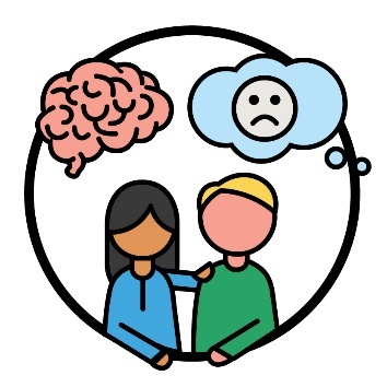 Someone supporting another person beneath a sad face inside of a thought bubble and a brain.