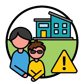 A parent and their child in front of a house with a problem icon.