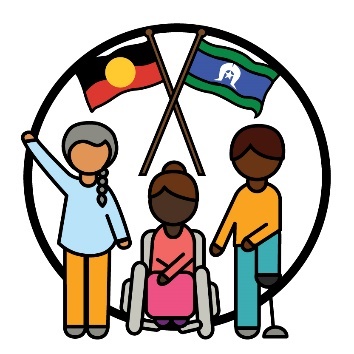 3 First Nations people beneath the Aboriginal flag and the Torres Strait Islander flag.