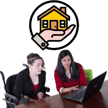 A participant and a provider using a laptop together. Above them is a home and living supports icon.
