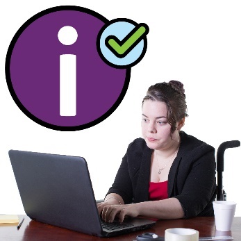 A participant using a laptop beneath an information icon and a tick.