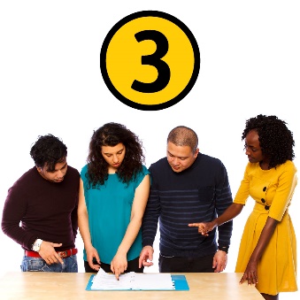 A group of members looking at a document together beneath the number '3'.