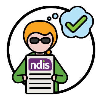 A participant holding an NDIS plan beneath a tick inside of a thought bubble.