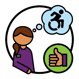 An NDIA worker and a thumbs up beneath a disability icon inside of a thought bubble.