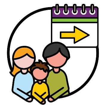 A family of 2 adults and a child and a calendar with an arrow pointing forward.