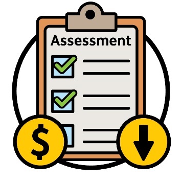 An assessment document with a checklist and 2 ticks, a dollar sign and an arrow pointing down.