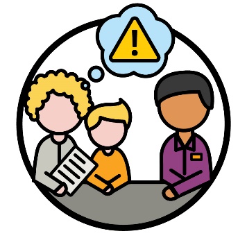 A parent and child having a conversation with a worker. Above the parent is a problem icon inside a thought bubble.