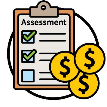 An assessment document with a checklist and 2 ticks next to 3 dollar signs.