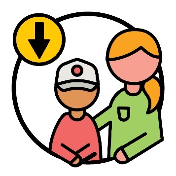An adult supporting a child and an arrow pointing down.