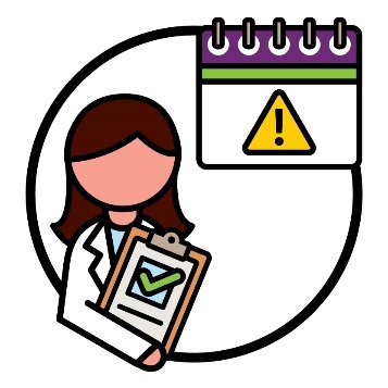 A health care provider holding an assessment document next to a calendar. The calendar shows a problem icon.