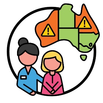 An occupational therapist supporting a child. Next to them is a map of Australia showing the states and territories. Western Australia and Queensland have problem icons.