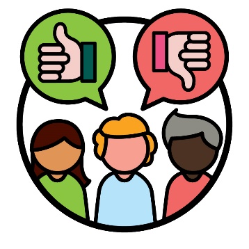 3 people beneath a thumbs up inside a speech bubble and a thumbs down inside a speech bubble.