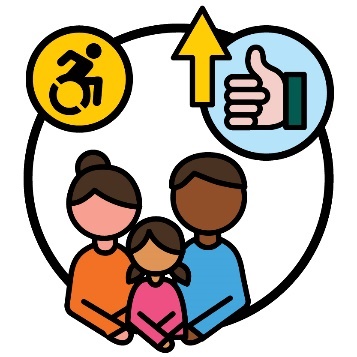A family of 2 parents and a child beneath a disability icon and a thumbs up with an arrow pointing up.
