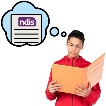 A young person reading a document beneath an NDIS plan inside a thought bubble.